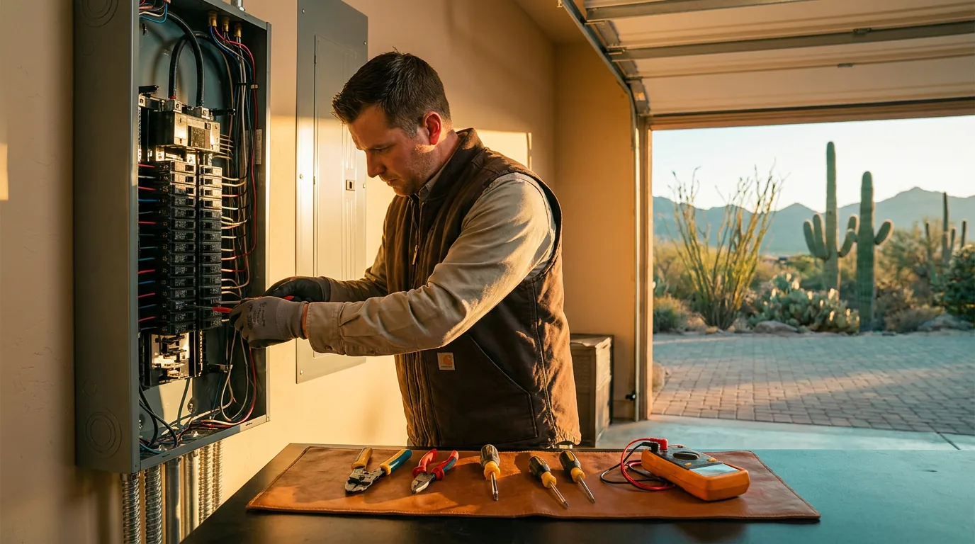 Licensed electrician working on a panel at an East Mesa home