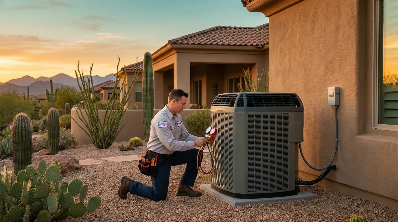 HVAC technician servicing an air conditioning unit in East Mesa