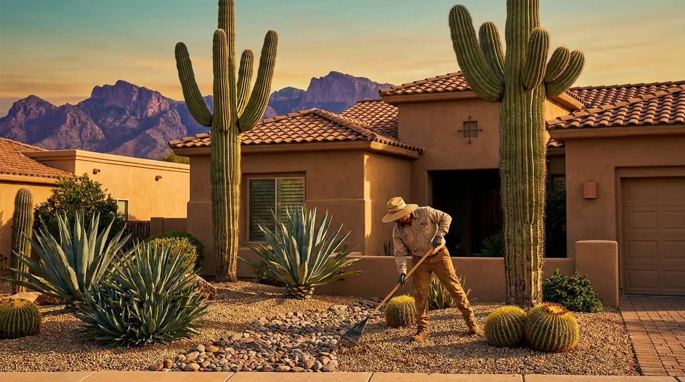 Desert landscaping and native plants at an East Mesa home at dusk